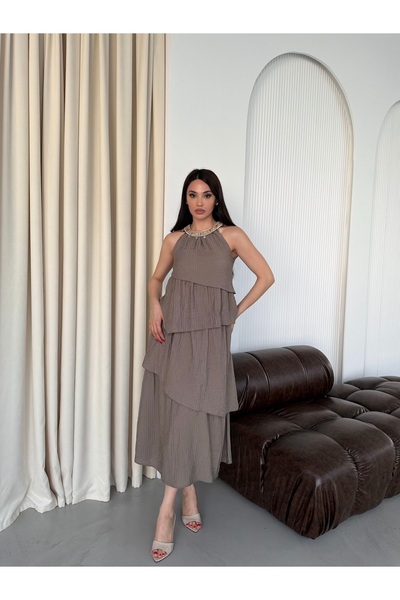timagna Rochie lungă de damă, cu guler halter, cu mărgele brodate și straturi