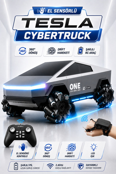 TRENDZONE El Sensörlü Tesla Cybertruck Drift Arabası – Şarjlı 360° Dönen Akro...