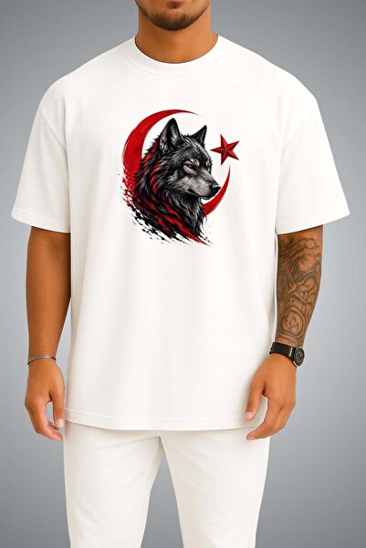 Bahriyeli Collection Oversize Red Moon and Wolf Chest Printed Unisex T-Shirt