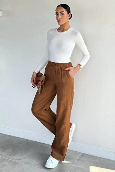 Aryena Brown Women's Elastic Waist Muslin Pants