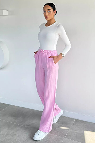 Aryena Pink Women's Elastic Waist Muslin Trousers