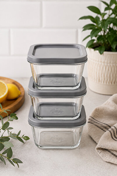 PUPSI Set 3 Caserole din Sticlă cu Capace Gri, 300 ml/Recipient, 9 × 9 × 6 cm...