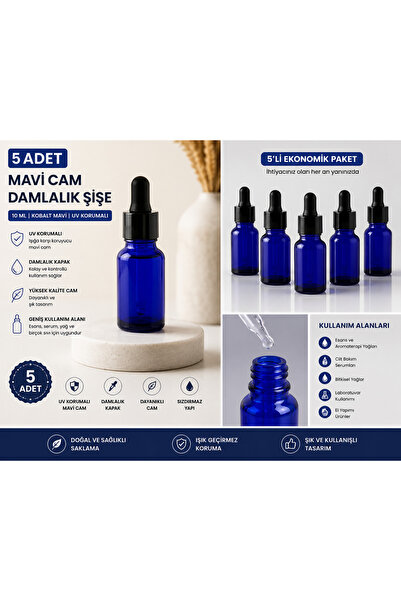 Mirkimya 5’li 20 ml Mavi Cam Damlalıklı Şişe Kobalt Cam Esans Serum Yağ Şişes...