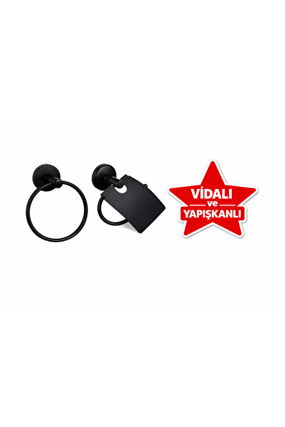MK YAPI Black Bathroom Set with Adhesive and Screws, 2 Pieces