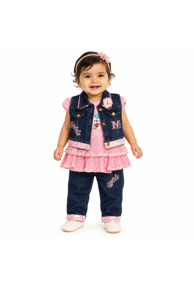 Generic Girls' Set 3 Pieces Jeans and Pink Sequined Skirt