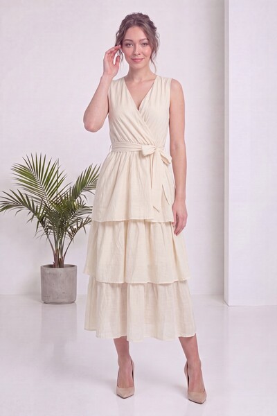 zks grup tekstil Women's Double-Breasted Collar Layered Skirted Belted Summer...