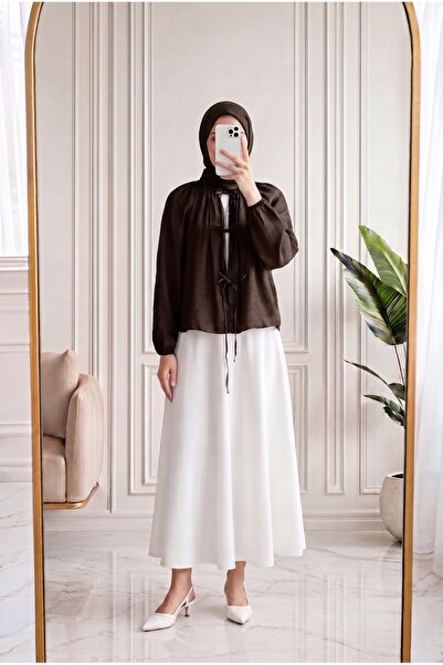 MİHRA STORE Dilşad Gathered Tulle Blouse with Ties-Nl965 Dark Brown