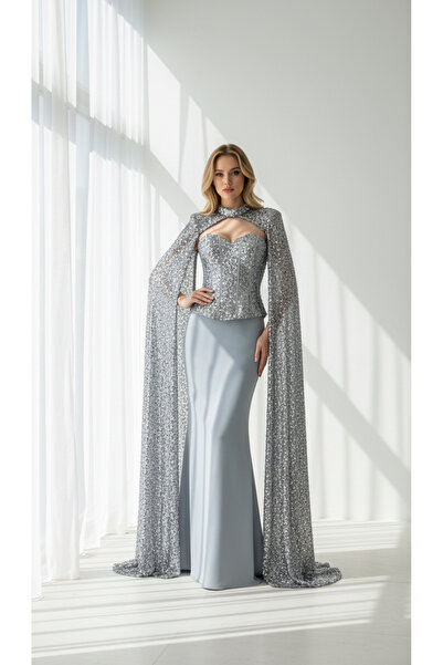 holie dress KADIN PAYET İŞLEMELİ PELERİN DETAYLI UZUN ABİYE ELBİSE