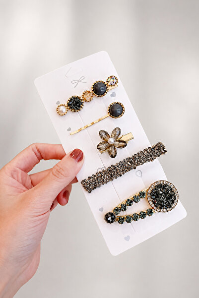 TREND COLLECTİON Women's Black Stone Luxury Design 5-Piece Hair Clip Set