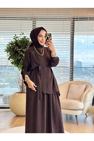 Afili 1517 طقم فستان فيروزي مع بلوزة باللون البني
