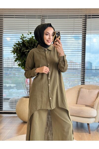 Afili 7114 بدلة كتان بيضاوية الشكل من الأمام وطويلة من الخلف باللون الكاكي