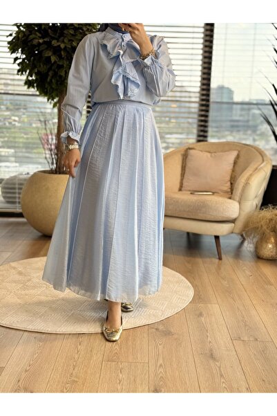ALANURMODA 27039 تنورة شيفون مخيطة باللون الأزرق