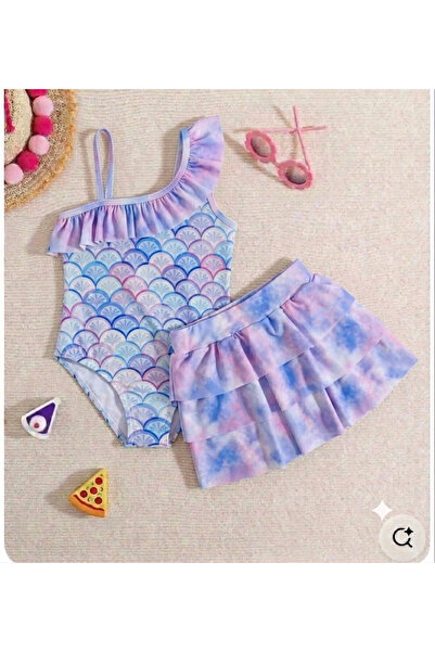 ARBİ kids Girl's Stylish Purple Swimsuit with Ruffled Skirt and Patterned Design
