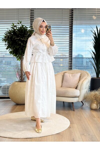 ALANURMODA 14505 Skirt Suit with Scallop Flower Embroidery on Top, Ecru