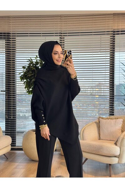 Generic Brand 161 Asymmetrical Shoulder Draped Knitwear Tunic Black