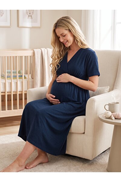 Lohusa Homewear New Season Navy Blue Summer Nightgown with Easy Breastfeeding...