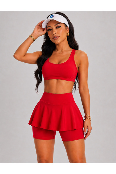 MAROVOAY Women's High Waist Inner Leggings Mini Sport Skirt-Crop 2 Piece Set