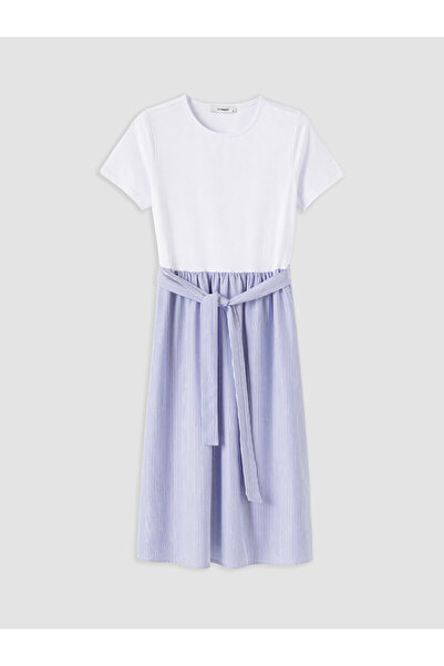 LC Waikiki White Crew Neck Striped Belted Dress