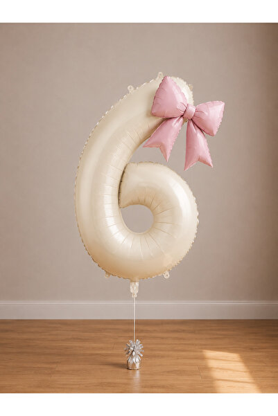 Balonsan -6- Age Beige Number Powder Pink Bow Foil Balloon Set