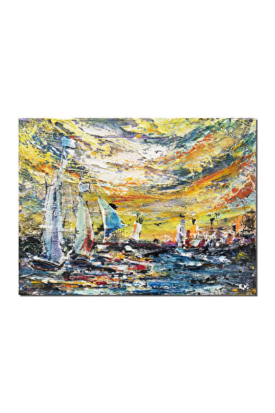 artnova Tablou impasto pictat manual, Peisaj marin cu iole si barci, 40x30cm ...