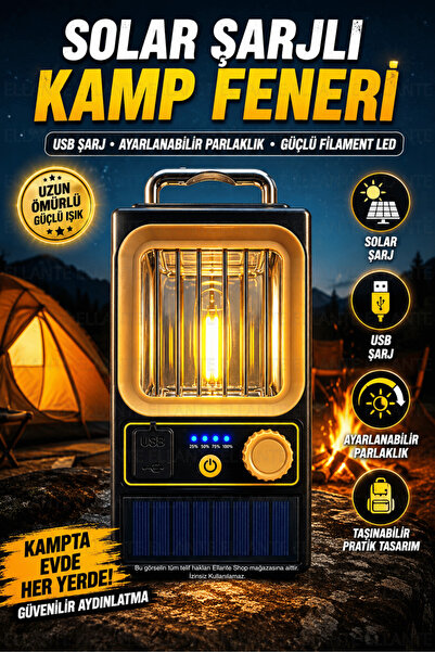 ellante Solar Şarjlı Kamp Feneri USB Şarjlı Dimmerli Filament LED Taşınabilir...