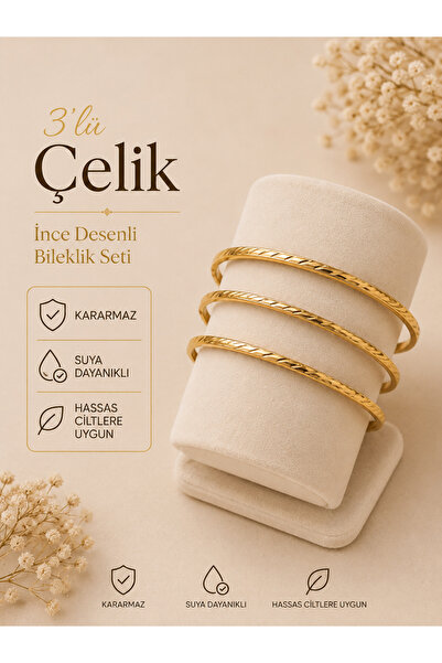 Oshiaz 316L Çelik 3'lü Desenli İnce Kelepçe Bileklik Seti – Gold Renk – Karar...