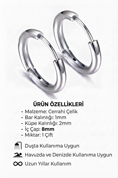 Blisse Piercing Unisex Silver Color 8 mm Steel Classic Model Hoop Earrings