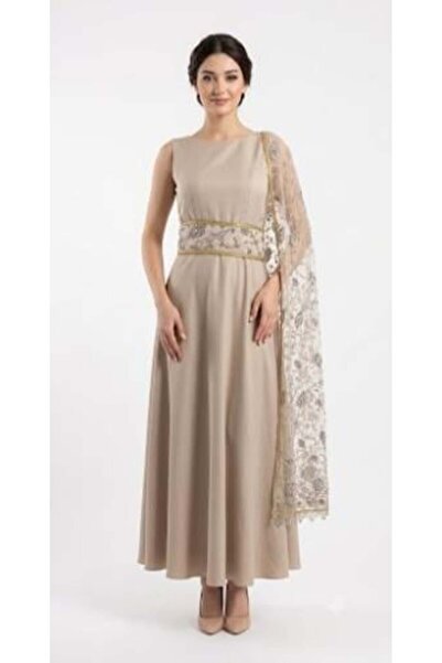 unbranded Women's Champagne Satin Maxi Evening Dress with Embroidered Lace Ca...