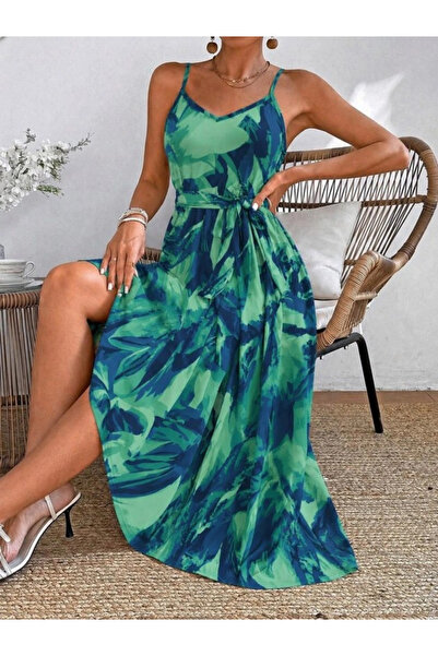 Beruflic Women's Rope Strap V-Neck Long Patterned Single Jersey Dress with Be...