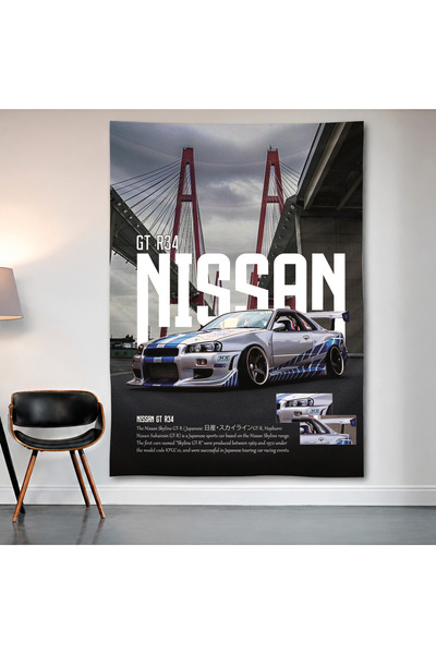 Geek Cultcha سجادة حائط من قماش الساتان عالي الجودة من Nissan GT-R R34 Blueprint