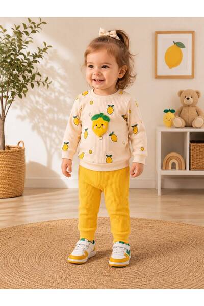 derin baby Limon Nakışlı %100 Pamuk Erkek Kız Unisex Bisiklet Yaka Alt Üst Be...