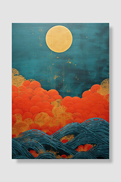 Luna Marissa Σουρεαλιστική αφίσα Golden Moon Orange Clouds Japanese Wave Drea...