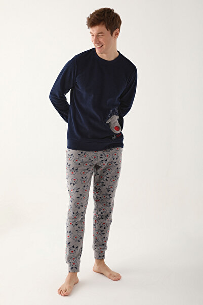 Arnetta Oh Deer Navy Blue Men's Long Sleeve Pajama Set