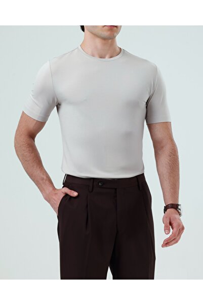 TerziAdemAltun Italian Style Slim Fit Crew Neck Knitwear T-Shirt Stone T13765
