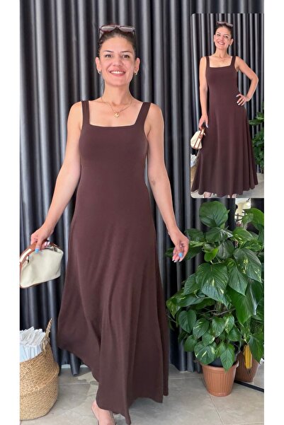 Kargın butik Kadın Kahverengi Likralı Kare Yaka Sırt Dekolteli Maxi Elbise