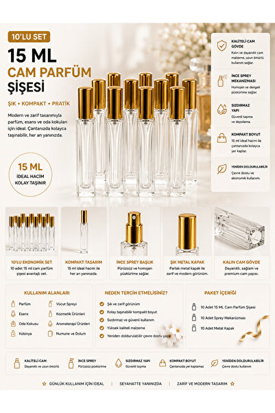 Mirkimya 15 ml Cam Parfüm Şişesi 10’lu Set – Gold Sprey Başlıklı, Yeniden Dol...