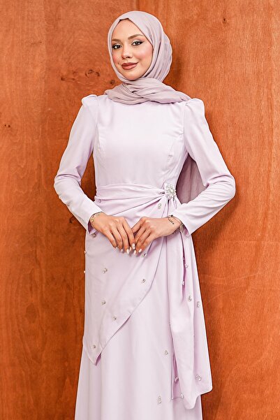 İmajButik Lila Bel Detaylı Taşlı Abiye