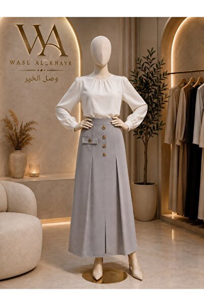 WASL ALKHAIR تنورة نسائية بقصة كلاسيكية واسعة وفتحة أمامية مع أزرار وتفصيل جي...