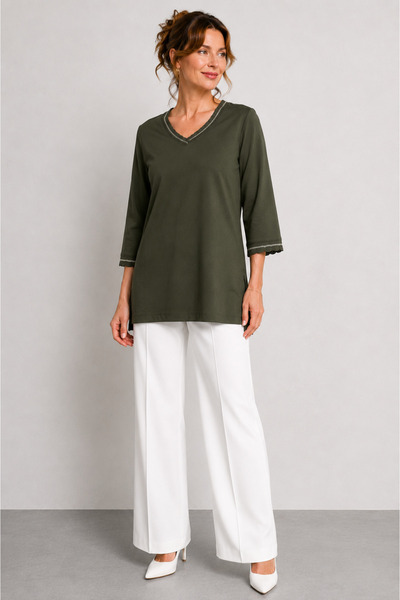 bihan store Women's V-Neck Blouse with Knitted Sleeves and Collar Detail Y26-...