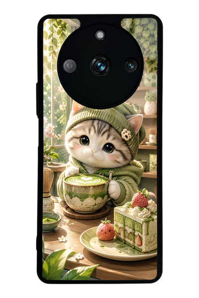 Spoyi حافظة هاتف لامعة بتصميم Realme 11 Pro Matcha Kitty Café