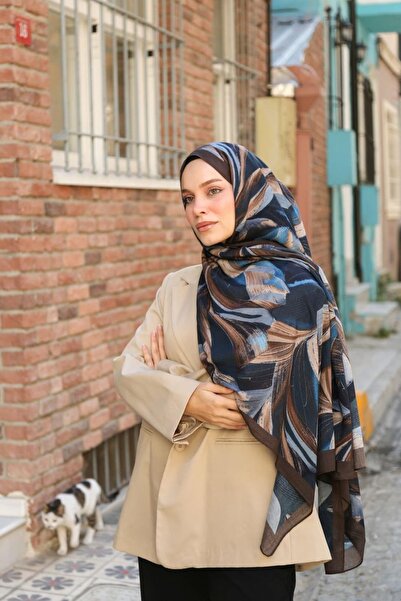 ENRİCO FERRİ Petra Modern Brush Pattern Shawl - Navy Blue Brown