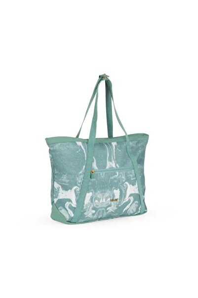 Milan , Geanta shopper textil cu buzunar exterior cu fermoar Lava, Verde/Alb,...