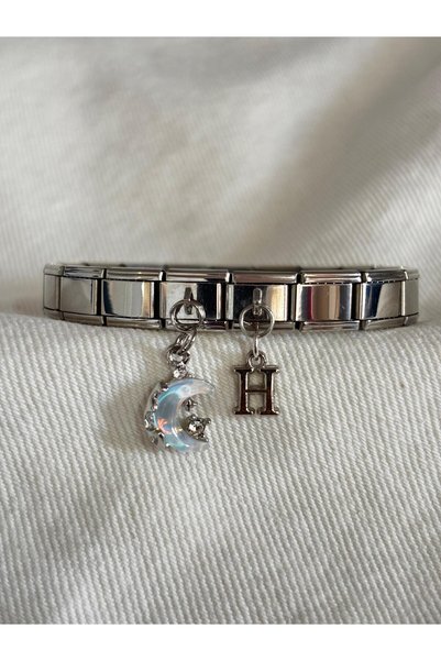 bijoux uniques Çelik ay figürlü H harfli italyan charm bileklik