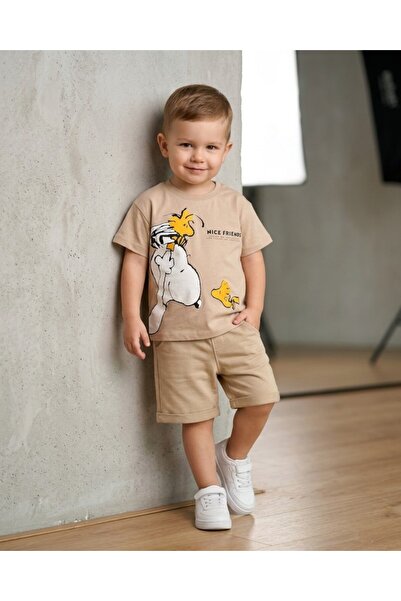 Ege Bebek Boy's Summer 1-2-3-4-5 Years Old Snoopy Printed Shorts T-Shirt 2-Pi...