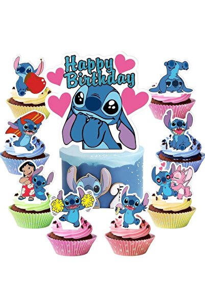 Baloane Vesele Topper Tort Lilo Stitch Happy Birthday Set Decorativ - 9 Piese...