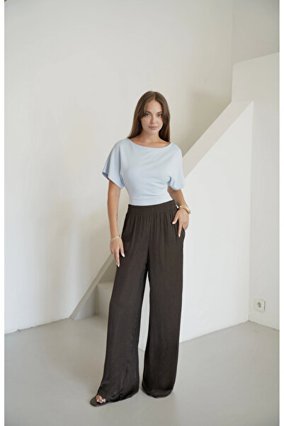 roea Elastic Waist Flowy Wide Leg Pants Brown