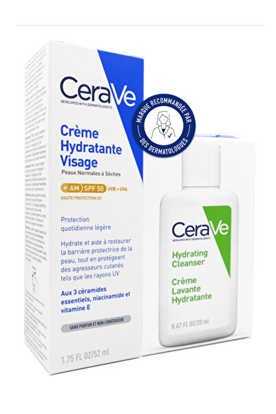 CeraVe CRÈME HYDRATANTE VISAGE SPF50 52ML + CRÈME LAVANTE 20ML