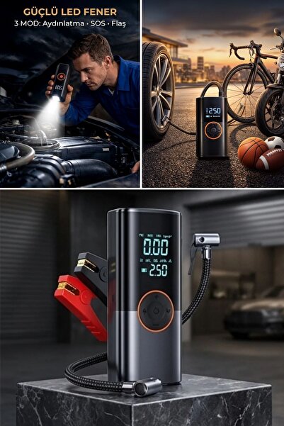 Buffer ® Akü Takviye Cihazı ve Lastik Şişirme Pompası – Powerbank Özellikli, Dijital Ekranlı SOS Fene