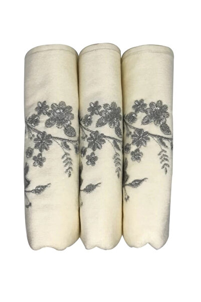 ALFA AKSESUAR 03 Silvery Embroidered Velvet Pattern 1 Towel 30X50