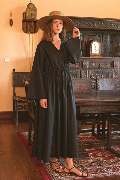 Ceylan Otantik Black Cotton Double-Breasted Dress